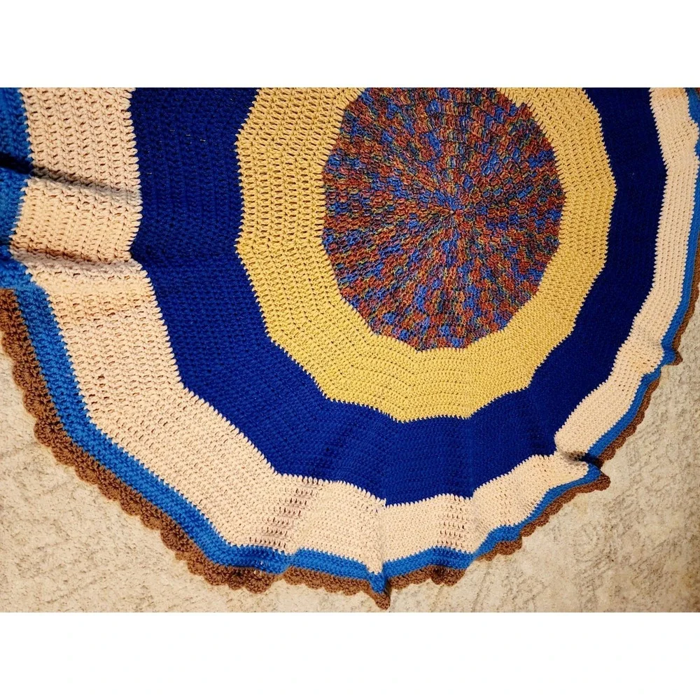Beautiful Crocheted Blanket Round With Colorful Blue/brown Pattern 58in